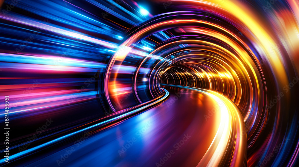 Obraz premium Vibrant neon tunnel illuminated with colorful lights creating a futuristic atmosphere