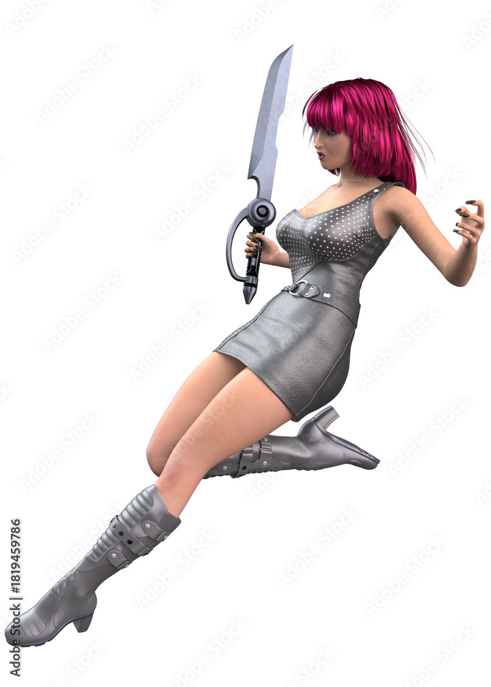 Obraz premium 3D illustration of a futuristic female warrior with vibrant pink hair, wearing a black leather dress and boots, confidently holding a large sci-fi sword, ready for battle in a sleek modern style.