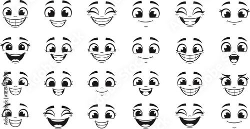 Cartoon facial expressions grid, black and white line art, emotional faces, character design, expressive eyes, mouth variations, storytelling icons