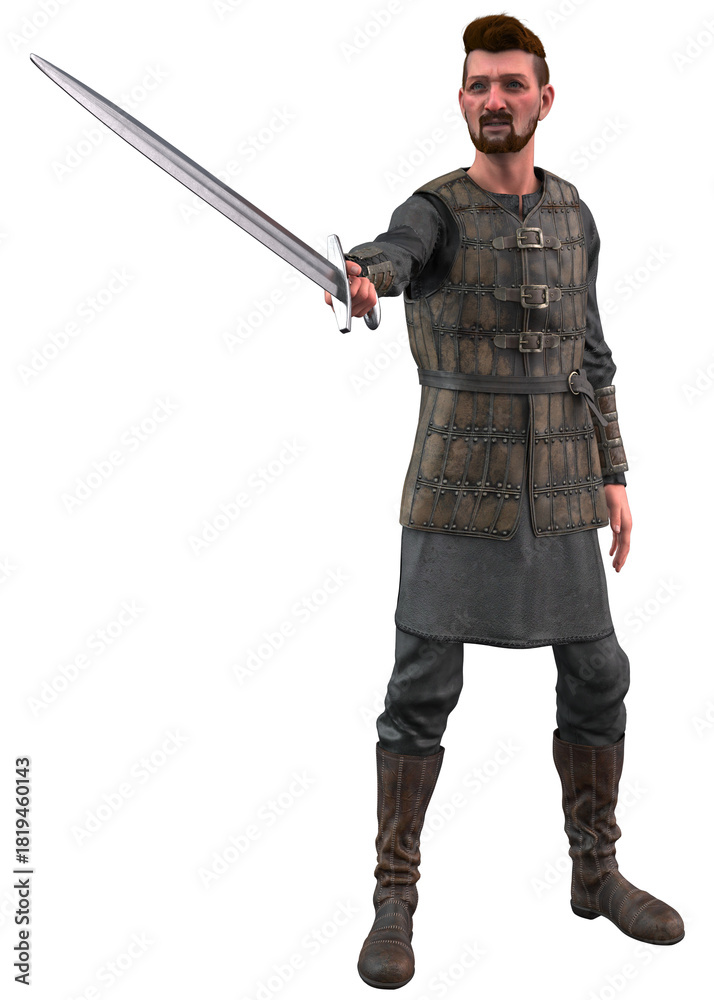 Fototapeta premium 3D rendered image of a medieval warrior wearing detailed leather armor and boots, holding a sword in one hand. Strong stance reflects strength, courage, and readiness for historical combat scenes.