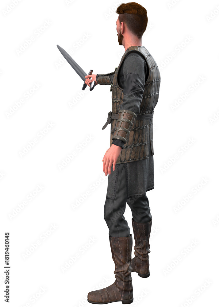 Fototapeta premium 3D rendered image of a medieval warrior wearing detailed leather armor and boots, holding a sword in one hand. Strong stance reflects strength, courage, and readiness for historical combat scenes.