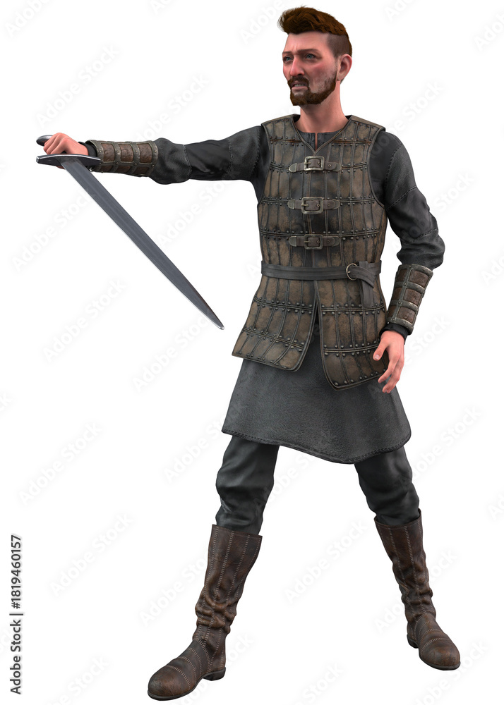 Fototapeta premium 3D rendered image of a medieval warrior wearing detailed leather armor and boots, holding a sword in one hand. Strong stance reflects strength, courage, and readiness for historical combat scenes.