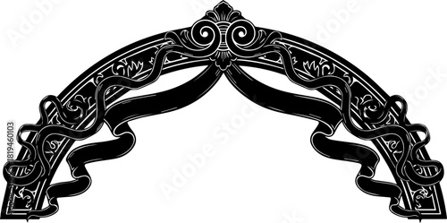 Elegant ornate archway with flowing ribbons and intricate scrollwork design, perfect for invitations and decorative banners