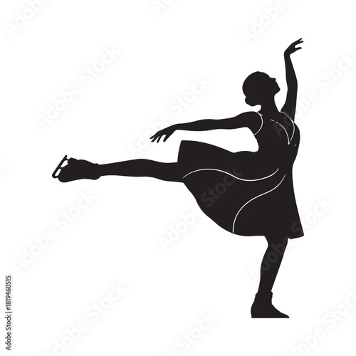 Black silhouette of a female figure skater executing an elegant spin or pose.