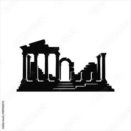 Silhouette of Ancient Ruins with Columns and Archway Illustration Style