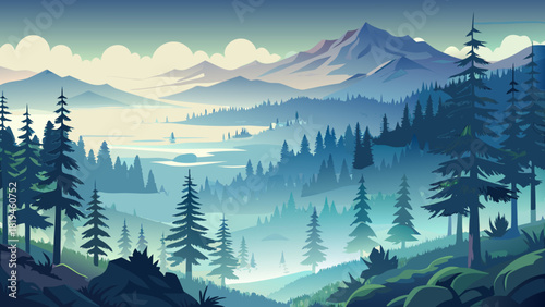 Very beautiful misty forest view from Larch Mountain in Oregon, USA, with fog gently covering dense evergreen trees, creating a serene, mystical Pacific Northwest atmosphere.