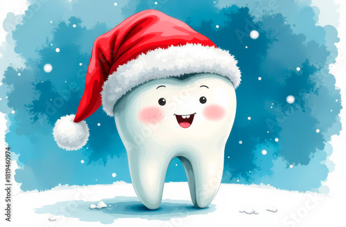 A happy tooth in a Santa hat on a blue watercolor background. Greeting card.