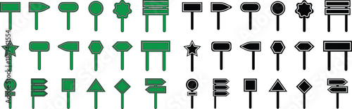 Road Sign Black and green Flat Style Icon Set Collection Group with Various Blank Direction Board Shapes and Synonym Design Elements for Navigation, Guidance, Street Signal Vector