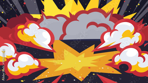 アメコミ風のポップな衝撃の煙の背景イラスト_赤黒黄_16:9