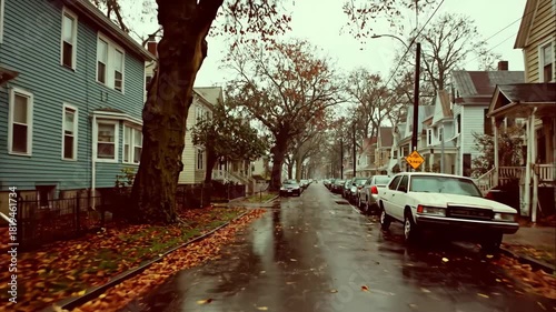 Cinematic street view of a quiet residential neighborhood on a rainy autumn day showing parked cars footage