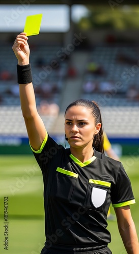 Female referee holds yellow card in soccer match on bright sunny day at stadium