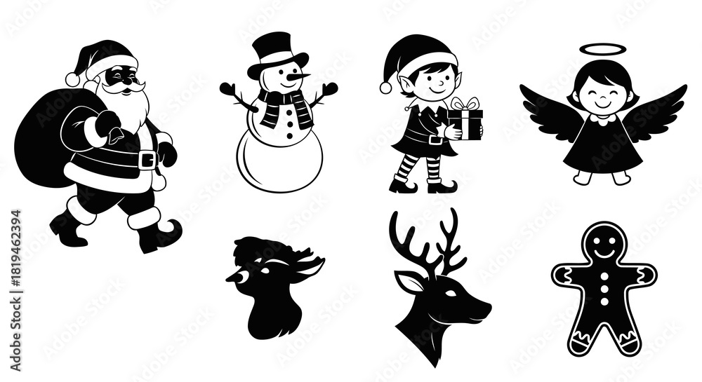 Naklejka premium Set of Traditional Winter Holiday Characters Like Santa Snowman Elf Angel Reindeer and Gingerbread Man Silhouette Vector Illustration Isolated on White Background for Design