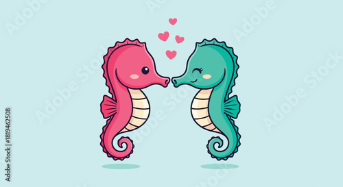 Adorable pink and teal cartoon seahorses showing affection with floating hearts.