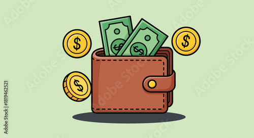 Brown wallet full of green dollar bills and gold coins financial illustration.