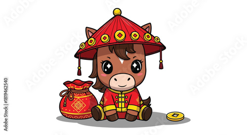 Adorable cartoon horse in red Chinese traditional costume with lucky bag and gold coin.