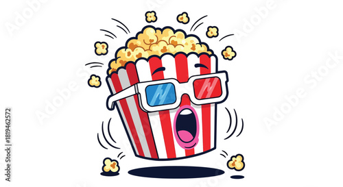 Cartoon Popcorn Bucket Wearing 3D Glasses with Surprised Expression.