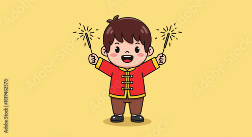Cheerful Cartoon Boy in Red Chinese Outfit Holding Sparklers.
