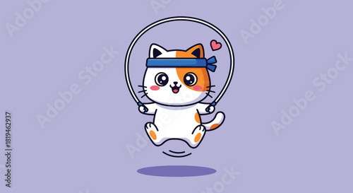 Cute cartoon cat character exercising with a jump rope and blue headband.