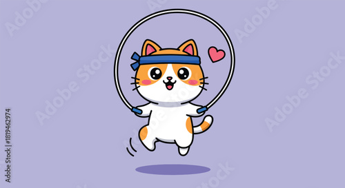 Cute Cartoon Cat Jumping Rope with Blue Headband and Heart.