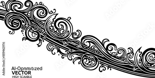 Elegant black and white ornate scrollwork design evoking classic luxury and intricate artistry for sophisticated branding and decorative use