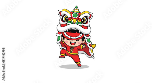 Cute cartoon child performing traditional Chinese lion dance in festive red costume.