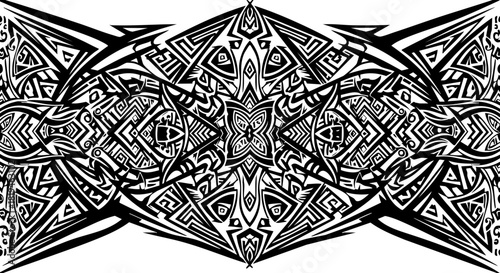 Intricate black and white tribal pattern with symmetrical geometric motifs, evoking ancient power and modern design