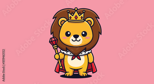 Cute Cartoon Lion King Wearing Crown and Cape Holding Scepter.