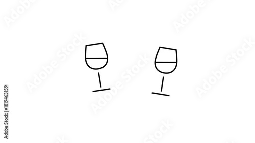 Loopable minimalist animation of two drinking glasses clinking together in a toast gesture. Line stroke style on white background. 