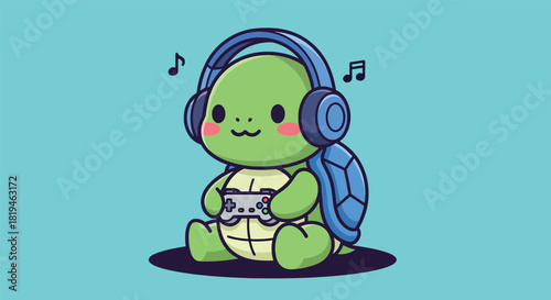 Cute cartoon turtle playing video games with headphones and music.