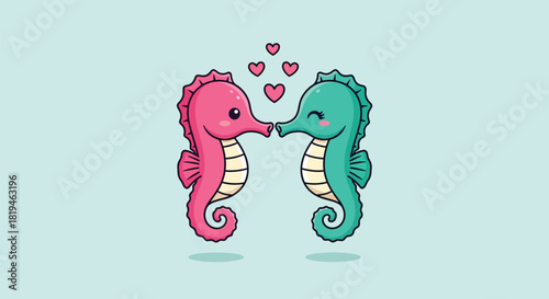 Cute cartoon pink and teal seahorse couple kissing with hearts.