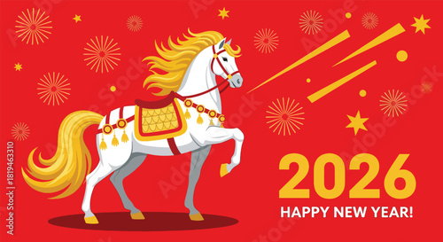 Elegant white horse with golden mane and ornate saddle.