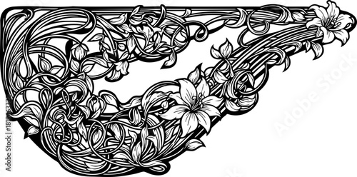 Elegant Art Nouveau floral border design with blooming lilies and swirling organic lines, perfect for invitations and decorative accents.