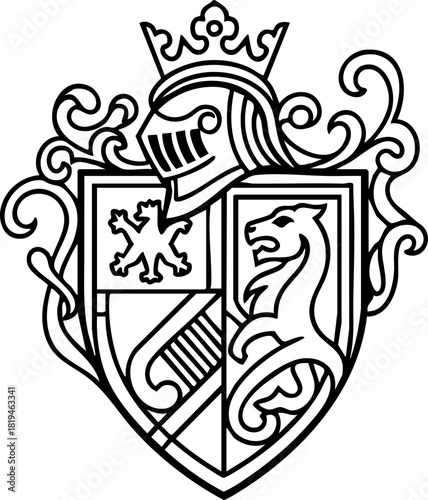 Majestic heraldic crest with knight's helmet, lion, and intricate scrollwork evoking nobility and historical prestige