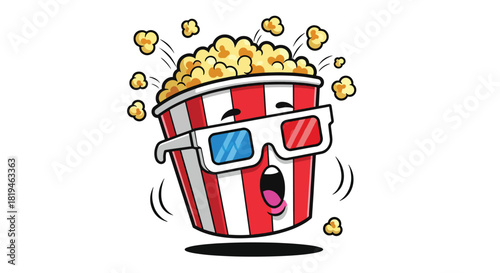 Expressive cartoon popcorn bucket with 3D glasses red and white stripes and flying kernels.