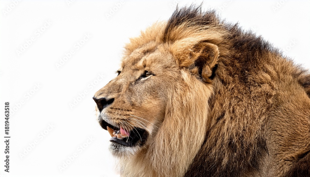 Naklejka premium Roaring Male Lion Profile On White Background