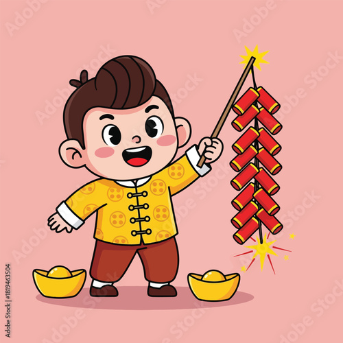 Happy Chinese boy lighting firecrackers with gold ingots.