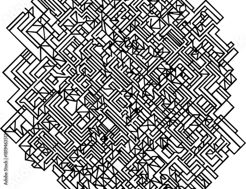 Intricate geometric pattern with complex labyrinthine pathways and sharp angles creating a visually stimulating abstract design for modern concepts