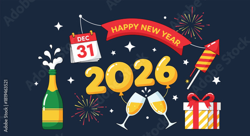 Happy New Year 2026 Celebration with Champagne Fireworks and Calendar.