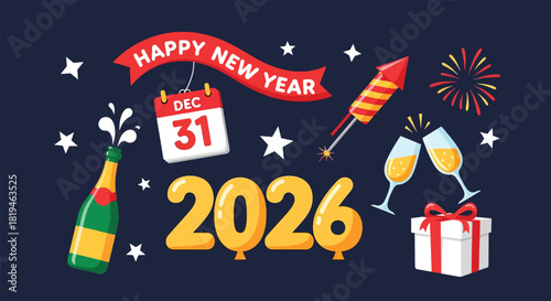 Happy New Year 2026 celebration with champagne fireworks calendar and gift.