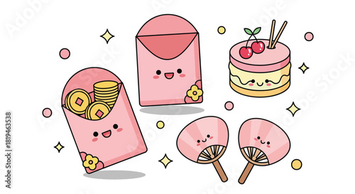 Kawaii pink Chinese red envelopes with gold coins cake and hand fans vector illustration.