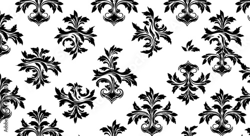 Elegant black baroque damask floral pattern design perfect for luxury textiles and sophisticated interior decor applications