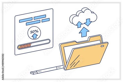 Cloud Storage Illustration Set Secure Data Backup, Cloud Computing, File Management Vector