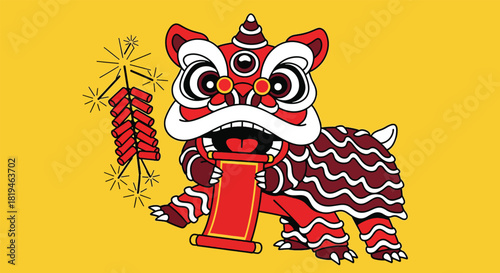 Vibrant Cartoon Chinese Lion Dance Figure with Firecrackers and Red Scroll Illustration.