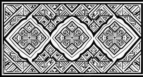 Intricate black and white geometric pattern with repeating diamond motifs and tribal inspired elements for modern textile or architectural design projects