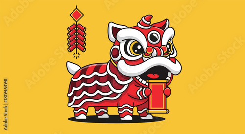 Vibrant Red Chinese Lion Dance Costume with Firecrackers.