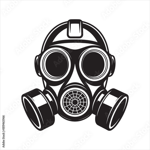 An intricate black and white line drawing depicts a full gas mask with transparent background