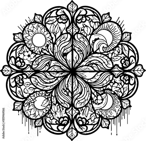 Intricate mandala art celebrates celestial harmony with sun moon floral motifs, perfect for spiritual decor and mindful design projects.