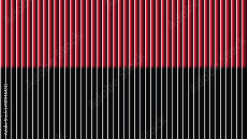 A striking visual pattern of bold vertical red and black stripes dominates the image composition