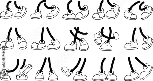 Cartoon shoes, leg movement, black and white, animation guide, character design, walking pose, vector sketch, fun style, minimal, playful