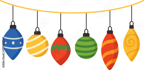 Banner with hanging colorful Christmas tree decorations on a white background. Vector illustration in flat cute colorful cartoon style.